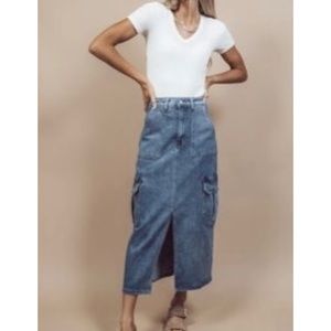 NEOT Simple Society Cargo Front Slit Denim Midi Skirt Size L
